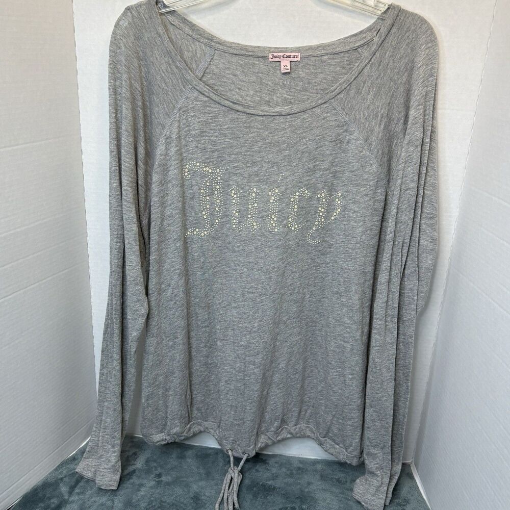 Juicy Couture Women Drawcord Boatneck Pullover Size XL Gray Long Sleeves